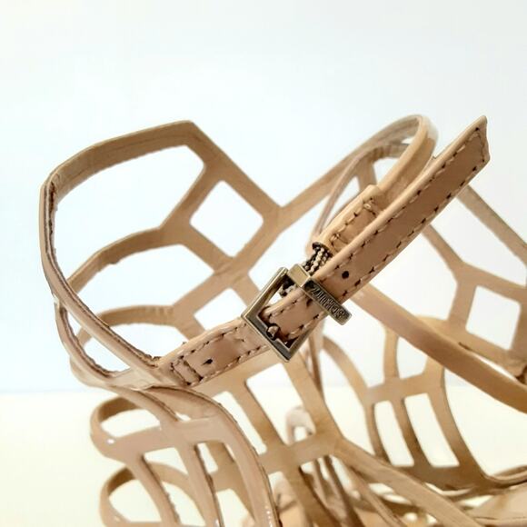 Shutz Juliana Caged Heels Nude Patent Leather Peep Toe Strap Heels 8 Wedding - Picture 8 of 14